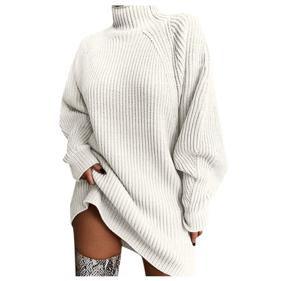 Arlun Women's Turtleneck Pullover Sweaters Fall Winter 2025 Fashion Long Sleeve Loose Ribbed Knit Mini Sweater Dresses Simple and Stylish Ladies Tops Beige S