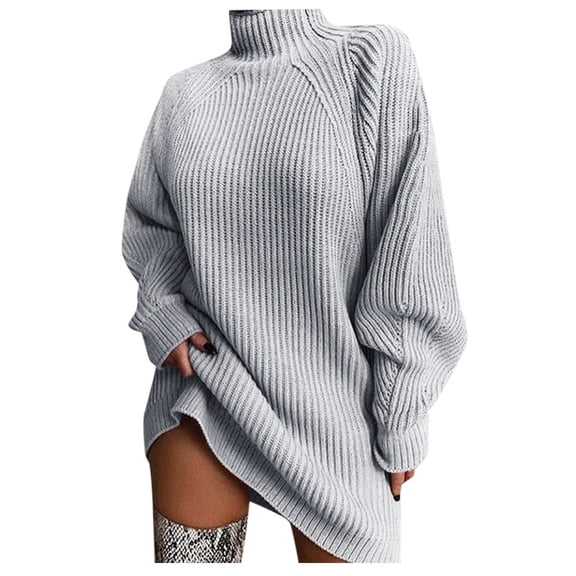 Arlun Women's Turtleneck Pullover Sweaters Fall Winter 2025 Fashion Long Sleeve Loose Ribbed Knit Mini Sweater Dresses Simple and Stylish Ladies Tops Grey L