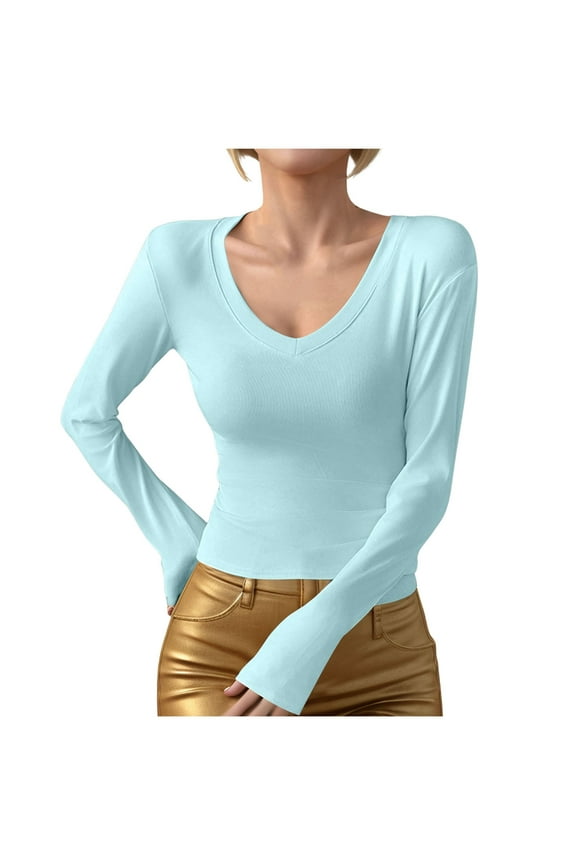 ,Women's V Neck Plain T Shirts Trendy Plus Size Soft Comfortable Lightweight Tshirts Fall Womens Long Sleeve Slim Fit Basic Pullover Tops 2025 Blue S