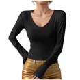 thumbnail image 1 of Arlun,Women's V Neck Plain T Shirts Trendy Plus Size Soft Comfortable Lightweight Tshirts Fall Womens Long Sleeve Slim Fit Basic Pullover Tops 2025 Black L, 1 of 4