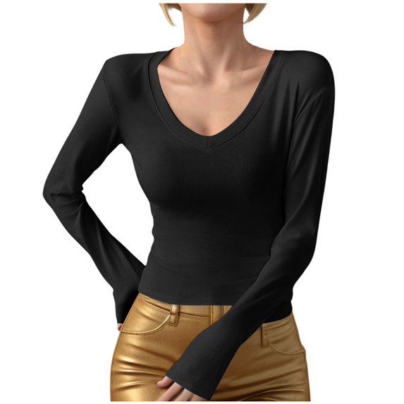 Arlun,Women's V Neck Plain T Shirts Trendy Plus Size Soft Comfortable Lightweight Tshirts Fall Womens Long Sleeve Slim Fit Basic Pullover Tops 2025 Black L