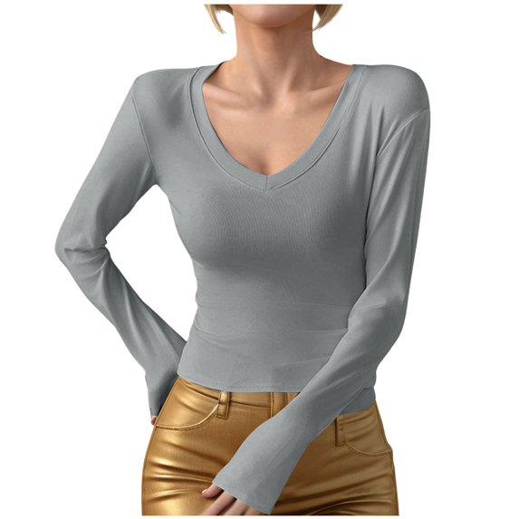 Arlun,Women's V Neck Plain T Shirts Trendy Plus Size Soft Comfortable Lightweight Tshirts Fall Womens Long Sleeve Slim Fit Basic Pullover Tops 2025 Light Gray S
