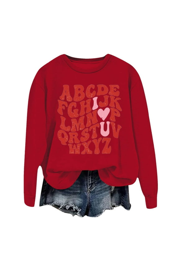 Women's Valentine's Day Sweatshirts Funny 26-Letter Print Long Sleeve Holiday Tops I Love You Crewneck Workout Pullover Lightweight Soft Comfy Stylish Outfits 2026 Red S
