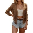 thumbnail image 1 of Arlun Women's Vintage Western Fringe Rivets Cropped Jackets Suede Tassel Trim Long Sleeve Hippie Cardigan Coats Fashion Open Front Slim Fitted Solid Color Outwear Brown XL, 1 of 6