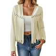 thumbnail image 1 of Arlun Women's Vintage Western Fringe Rivets Cropped Jackets Suede Tassel Trim Long Sleeve Hippie Cardigan Coats Fashion Open Front Slim Fitted Solid Color Outwear Beige S, 1 of 5