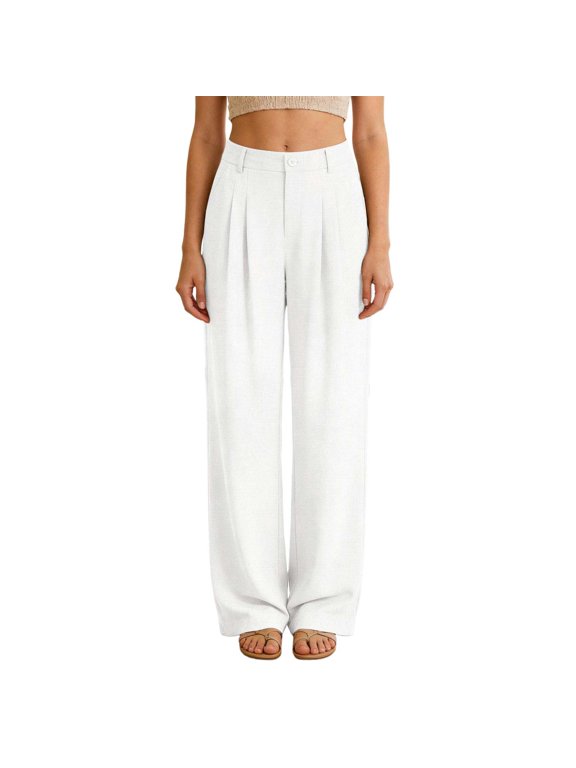 Women's Waffle Knitted Pants Summer Lightweight Breathable Wide Leg Work Dress Pants Solid Color Front Pleated Buttoned Business Casual Slacks with Pockets White XL