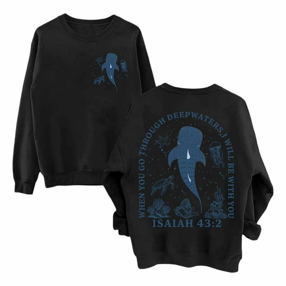 Arlun Women's Whale Ocean Sweatshirts Large Whale Shark Graphic Printed Crewneck Sweatshirt When You Go Through Deep Waters Christian Long Sleeve Pullover Tops Black S