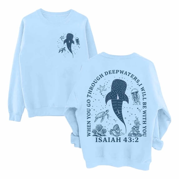 Arlun Women's Whale Ocean Sweatshirts Large Whale Shark Graphic Printed Crewneck Sweatshirt When You Go Through Deep Waters Christian Long Sleeve Pullover Tops Light Blue S