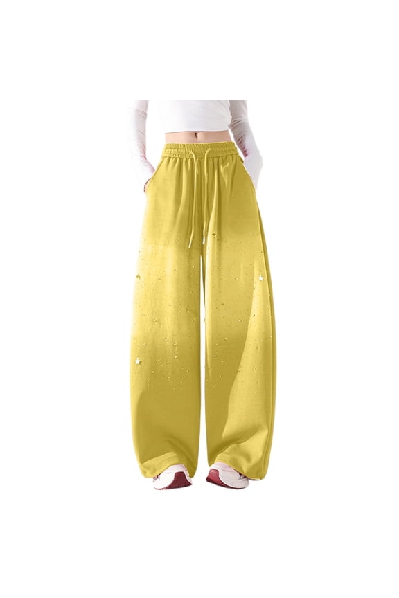 Women's Wide Leg Barrel Sweatpants High Waisted Rhinestone Sparkly Star Sweat Pants Lightweight Soft Comfy Baggy Drawstring Gradient Trousers 2026 Fashion Bottoms Yellow M