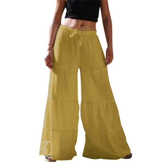 Arlun,Women's Wide Leg Flowy Pants Oversized Elastic Waisted Drawstring Loose Fit Ruffle Trousers Lightweight Comfortable Solid Color Lounge Pant for Daily Wear Khaki XXL