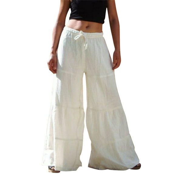 Arlun,Women's Wide Leg Flowy Pants Oversized Elastic Waisted Drawstring Loose Fit Ruffle Trousers Lightweight Comfortable Solid Color Lounge Pant for Daily Wear White XL