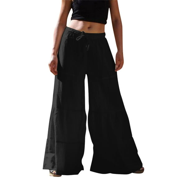 Arlun,Women's Wide Leg Flowy Pants Oversized Elastic Waisted Drawstring Loose Fit Ruffle Trousers Lightweight Comfortable Solid Color Lounge Pant for Daily Wear Black XL