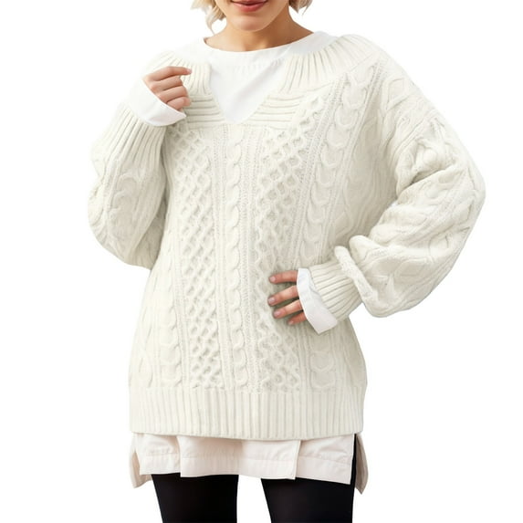 Arlun Women's Winter V-Neck Long Sleeve Loose Cable Knit Sweaters Pullover Fashion Simple Comfortable Solid Color Relaxed Fit Drop Shoulder Tops Stylish Outwear White XL