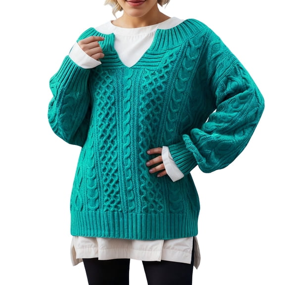 Arlun Women's Winter V-Neck Long Sleeve Loose Cable Knit Sweaters Pullover Fashion Simple Comfortable Solid Color Relaxed Fit Drop Shoulder Tops Stylish Outwear Mint Green XXXXL