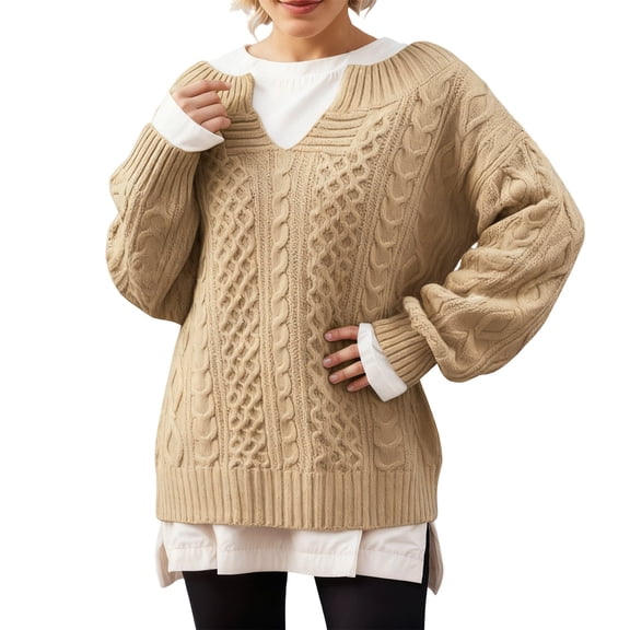 Arlun Women's Winter Chunky V-Neck Long Sleeve Loose Cable Knit Sweaters Pullover Fashion Simple Comfortable Solid Color Relaxed Fit Drop Shoulder Tops Stylish Outwear Gold XL