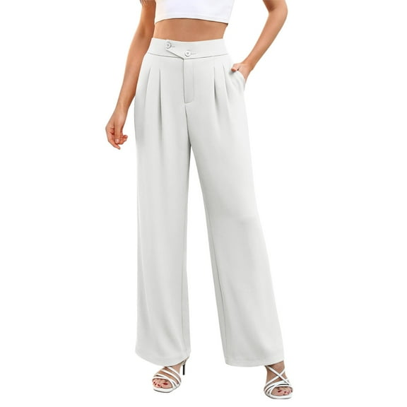 Arlun Women's Work Pants Wide Leg Plus Size Dressy Pants High Waisted Straight Leg Solid Color Business Casual Slacks Pants with Pockets Fall Outwear Trousers 2-White XXL