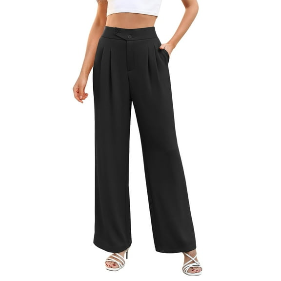 Arlun Women's Work Pants Wide Leg Plus Size Dressy Pants High Waisted Straight Leg Solid Color Business Casual Slacks Pants with Pockets Fall Outwear Trousers 2-Black XL