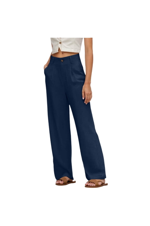 ,Women's Work Pants Wide Leg Plus Size Dressy Pants High Waisted Straight Leg Solid Color Business Casual Slacks Pants with Pockets Fall Outwear Trousers Navy XL
