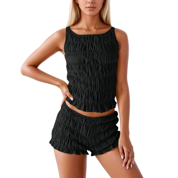 Arlun Women's Y2K Smocked Shorts Sets 2 Piece Matching Outfits Sleeveless Tiered Ruched Shirred Tank Top and Ruffle Frill Bloomer Shorts Set 2026 Summer Beach Vacation Wear Black L