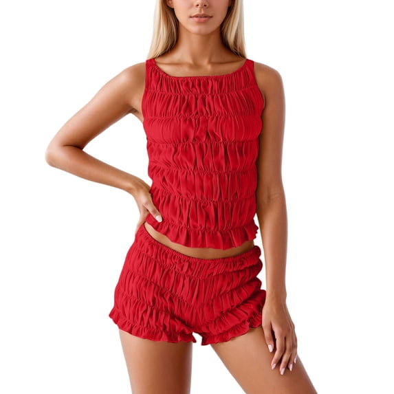 Arlun Women's Y2K Smocked Shorts Sets 2 Piece Matching Outfits Sleeveless Tiered Ruched Shirred Tank Top and Ruffle Frill Bloomer Shorts Set 2026 Summer Beach Vacation Wear Red L