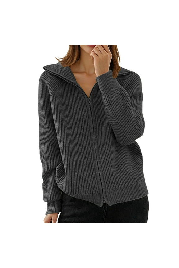 Women's Zip up Cardigan Sweaters Casual Wool Long Sleeve Knitted Drop Shoulder Outerwear Fall Trendy Lightweight Comfort Ribbing Short Coat Winter Clothes Grey L