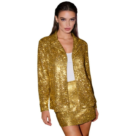 Arlun Womens 2 Piece Carnival Sequins Skirt Sets Lapel Collar Long Sleeves Lightweight Cardigan Blazer Jacket and Short Pencil Skirt Fashion Party Holiday Outfits Gold M