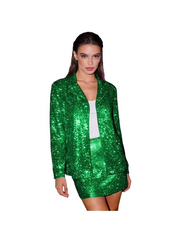Womens 2 Piece Carnival Sequins Skirt Sets Lapel Collar Long Sleeves Lightweight Cardigan Blazer Jacket and Short Pencil Skirt Fashion Party Holiday Outfits Green XS