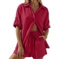 thumbnail image 1 of Arlun Womens 2 Piece Linen Short Sets Summer Beach Vacation Two Piece Sets Long Sleeve Button down Blouse and Shorts Solid Color Soft Comfort Simple Stylish Matching Outfits Red M, 1 of 5