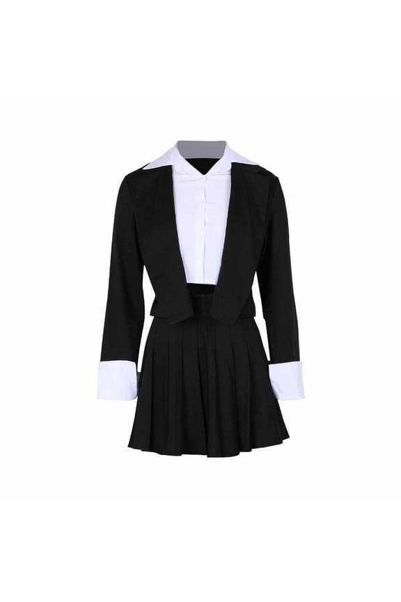 Womens 2 Piece Short Skirts Outfits Cropped Lapel Two-Piece Blazer Jacket and High Waist Pleated Mini Skirt Sets Business Casual Lightweight Comfy Suits 1-Black S