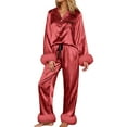 thumbnail image 1 of Arlun Womens 2 Pieces Satin Pajamas Sets Solid Color Feather Trim Long Sleeve Button down Shirt and Drawstring Pants Casual Comfy Loungewear Sleepwear with Chest Pocket Red XL, 1 of 5
