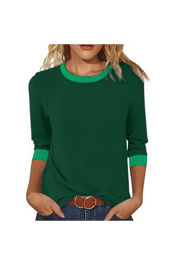 ,Womens 3/4 Length Sleeve T Shirts Womens Oversized Casual Crew Neck Color Block Tops Ladies Loose Comfortable Lightweight Basic Tee Shirts Green M