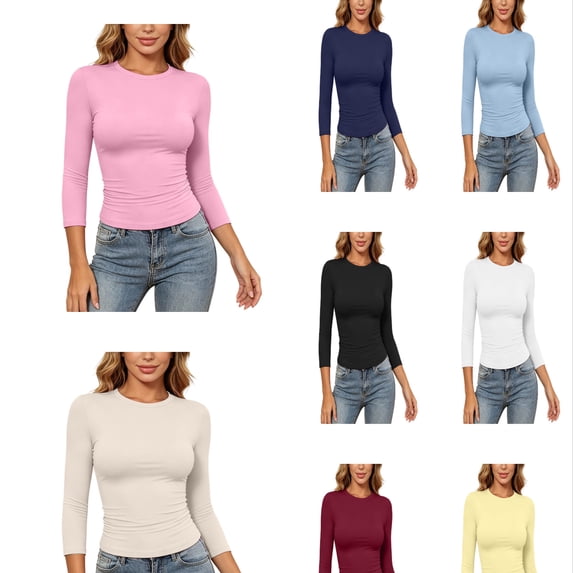 Arlun Womens 3/4 Length Sleeve Tight Tops Crew Neck Casual Slim Fit T-Shirts Solid Color Basic Tees Stretchy Soft Comfortable Trendy Summer Going out Top for Daily Wear 1-Dark Blue S
