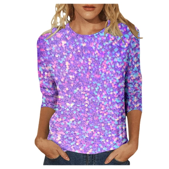 Arlun Womens 3/4 Sleeve Mardi Gras Tops Fashion Round Neck Sparkly Sequin Printed T-Shrits Lightweight Soft Comfortable Carnival Party Fashion Outfits Casual Blouse 2-Purple S