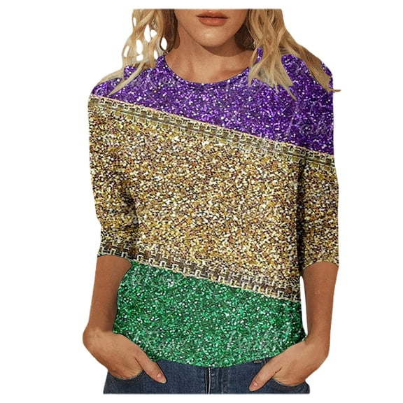 Arlun Womens 3/4 Sleeve Mardi Gras Tops Fashion Round Neck Sparkly Sequin Printed T-Shrits Lightweight Soft Comfortable Carnival Party Fashion Outfits Casual Blouse 10-Yellow XXL