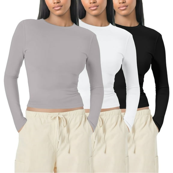Arlun Womens 3 Piece Crewneck Slim Fitted T Shirts Solid Color Stretchy Long Sleeve Tops Bodycon Soft Comfortable Lightweight Fall Basic Tee Tops Grey L