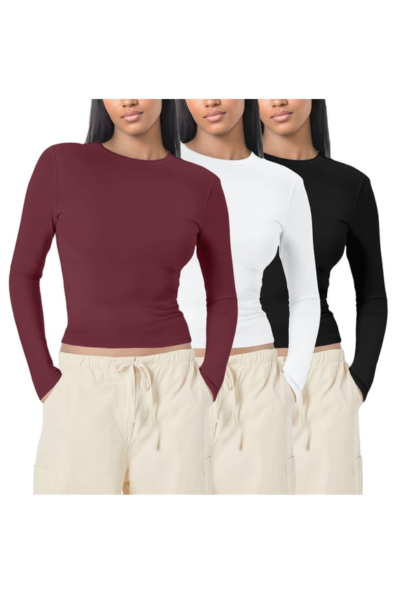 Womens 3 Piece Crewneck Slim Fitted T Shirts Solid Color Stretchy Long Sleeve Tops Bodycon Soft Comfortable Lightweight Fall Basic Tee Tops XS