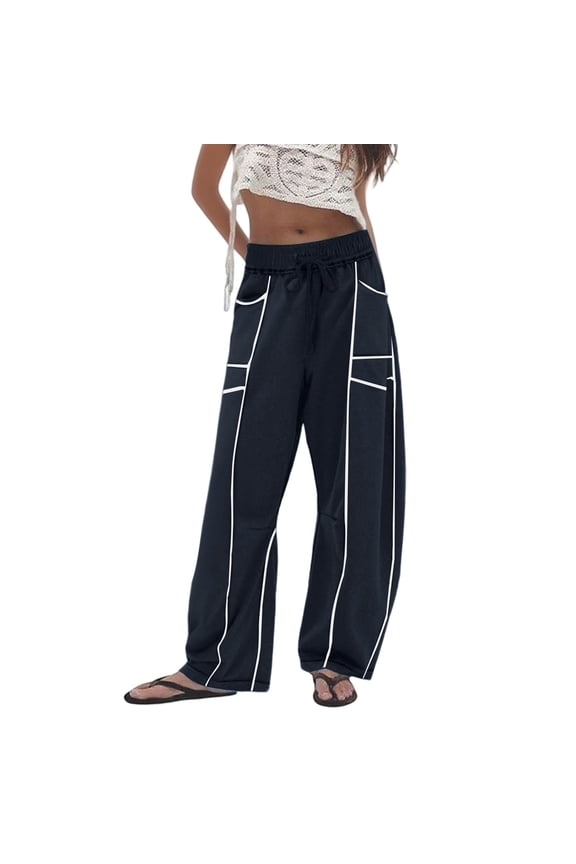 Womens Baggy Wide Leg Pants Casual Fall Winter Drawstring Elastic Waisted Trousers Comfortable Soft Fashion Line Design Sports Pants with Pockets Dark Blue2 S