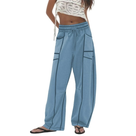 Arlun Womens Baggy Wide Leg Pants Casual Fall Winter Drawstring Elastic Waisted Trousers Comfortable Soft Fashion Line Design Sports Pants with Pockets Light Blue XS