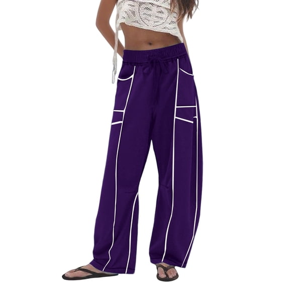 Arlun Womens Baggy Wide Leg Pants Casual Fall Winter Drawstring Elastic Waisted Trousers Comfortable Soft Fashion Line Design Sports Pants with Pockets Purple2 M