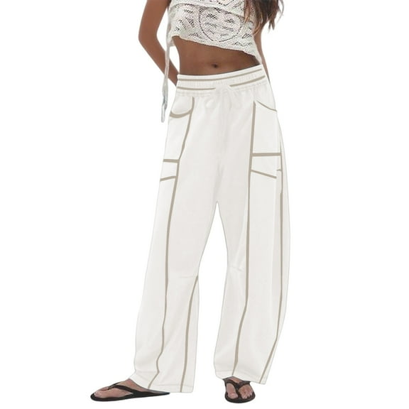 Arlun Womens Barrel Sweatpants High Waisted Wide Leg Casual Pants Drawstring Athletic Baggy Stylish 3D Striped Design Printed Trousers Loose Comfort Joggers with Pockets White XS