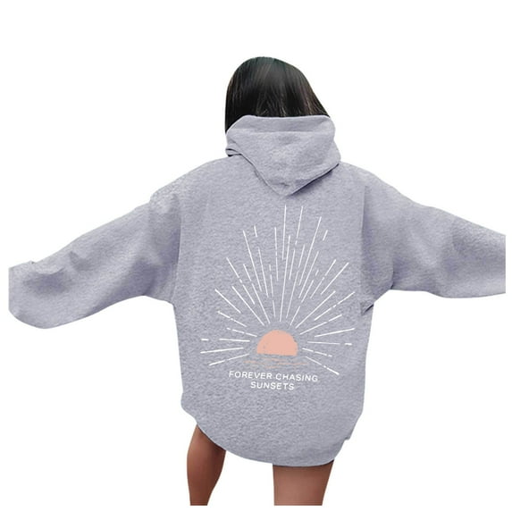 Arlun Womens Beach Hoodies Sunset Graphic Letter Printed Hooded Sweatshirts Plus Size Drop Shoulder Long Sleeve Drawstring Beachy Pullovers Tops with Pockets Grey XXL