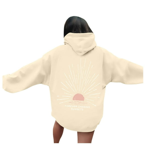 Arlun Womens Beach Hoodies Sunset Graphic Letter Printed Hooded Sweatshirts Plus Size Drop Shoulder Long Sleeve Drawstring Beachy Pullovers Tops with Pockets Beige M