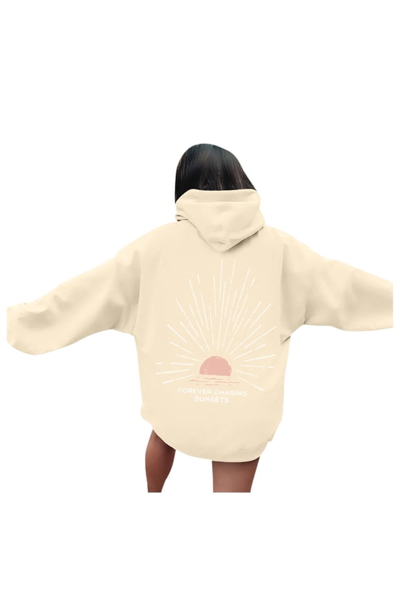 Womens Beach Hoodies Sunset Graphic Letter Printed Hooded Sweatshirts Plus Size Drop Shoulder Long Sleeve Drawstring Beachy Pullovers Tops with Pockets Beige S