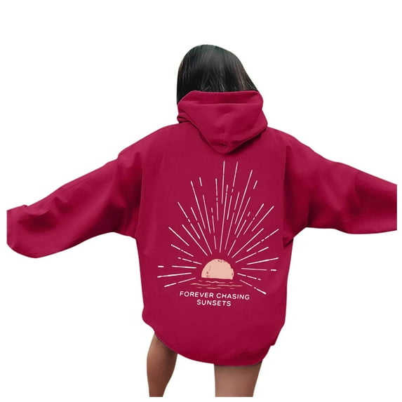 Arlun Womens Beach Hoodies Sunset Graphic Letter Printed Hooded Sweatshirts Plus Size Drop Shoulder Long Sleeve Drawstring Beachy Pullovers Tops with Pockets Red XL