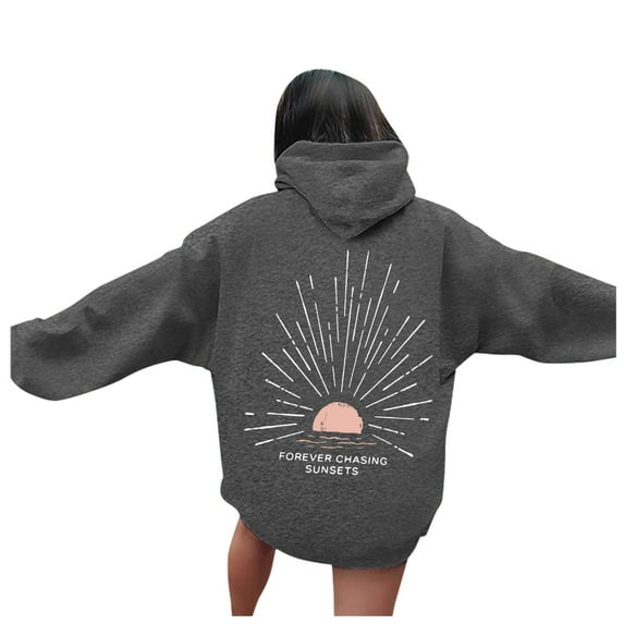 Arlun Womens Beach Hoodies Sunset Graphic Letter Printed Hooded Sweatshirts Plus Size Drop Shoulder Long Sleeve Drawstring Beachy Pullovers Tops with Pockets Dark Gray S