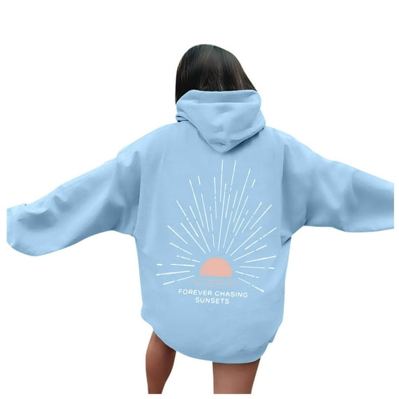 Arlun Womens Beach Hoodies Sunset Graphic Letter Printed Hooded Sweatshirts Plus Size Drop Shoulder Long Sleeve Drawstring Beachy Pullovers Tops with Pockets Light Blue XL