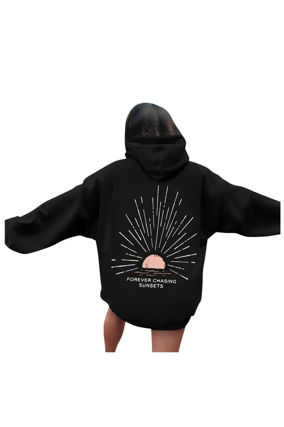 Womens Beach Hoodies Sunset Graphic Letter Printed Hooded Sweatshirts Plus Size Drop Shoulder Long Sleeve Drawstring Beachy Pullovers Tops with Pockets Black S