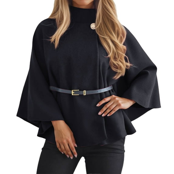 Arlun Womens Belted Wool Cape Poncho Coats Winter Warm Stand Collar Wrap Outerwear Tailored Waist Tie Detail Long Sleeve Loose Solid Color Trendy Elegant Coat Black S