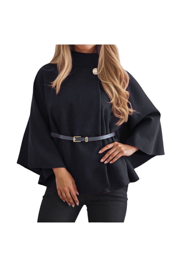 Womens Belted Wool Cape Poncho Coats Winter Warm Stand Collar Wrap Outerwear Tailored Waist Tie Detail Long Sleeve Loose Solid Color Trendy Elegant Coat Black M