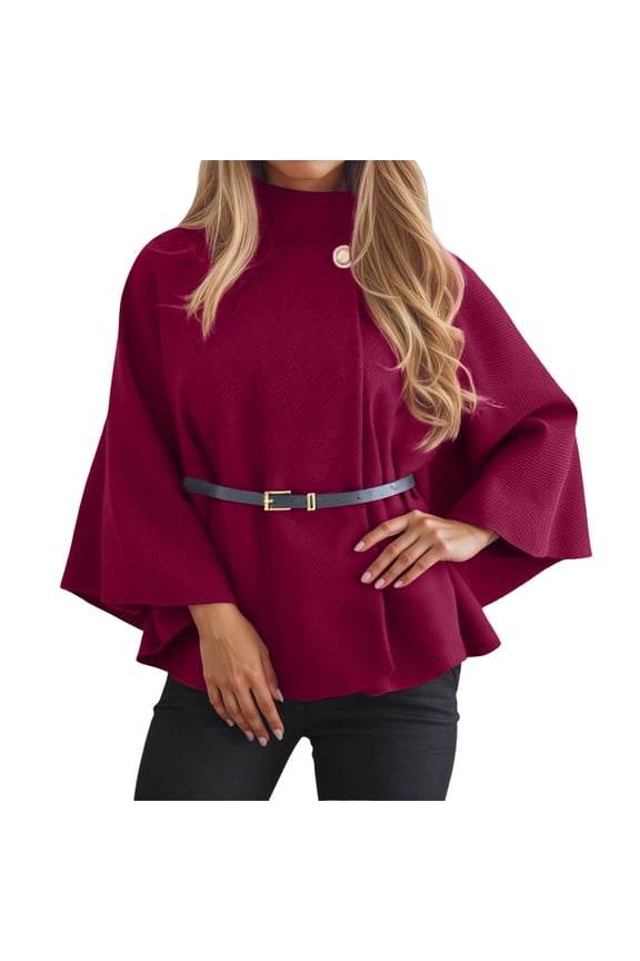 Womens Belted Wool Cape Poncho Coats Winter Warm Stand Collar Wrap Outerwear Tailored Waist Tie Detail Long Sleeve Loose Solid Color Trendy Elegant Coat Red XXL